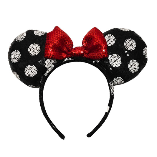 Disney Minnie Mouse Ears Headband Black White Dots Red Sequin Bow