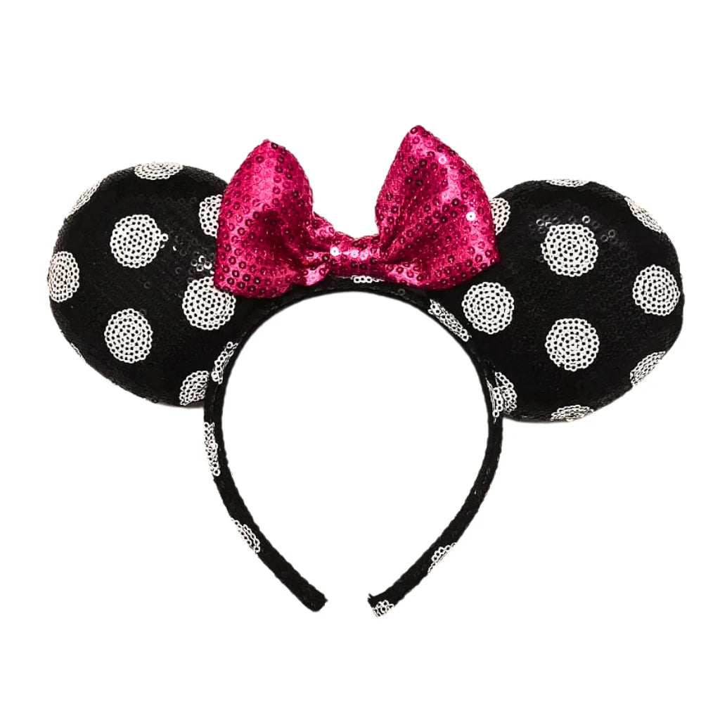Disney Minnie Mouse Ears Headband Black Silver Dots Hot Pink Bow