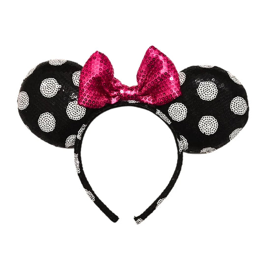 Disney Minnie Mouse Ears Headband Black Silver Dots Hot Pink Bow