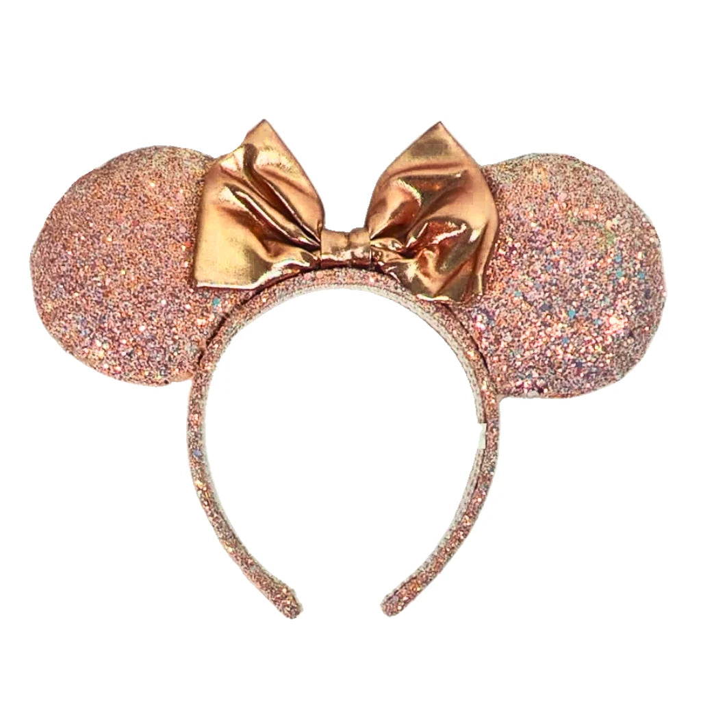 Disney Minnie Mouse Ears Headband Rose Gold Glitter Gold Bow