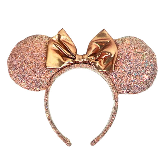 Disney Minnie Mouse Ears Headband Rose Gold Glitter Gold Bow