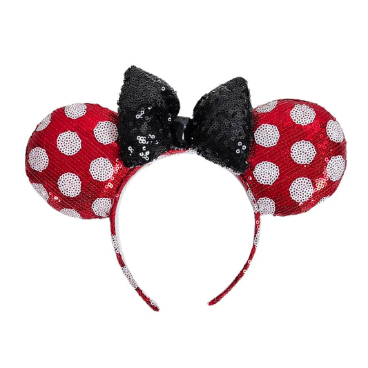 Disney Minnie Mouse Ears Headband Red White Dots Black Sequin Bow