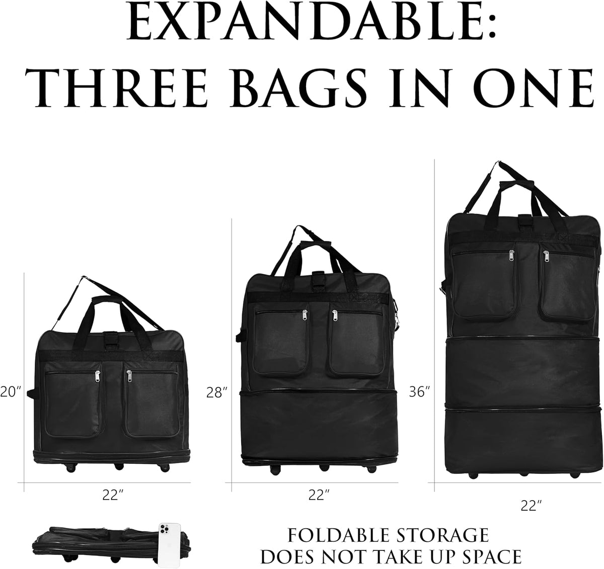 36'' Light-weight Expandable Wheeled Bag for Travel Holds 70 Lbs