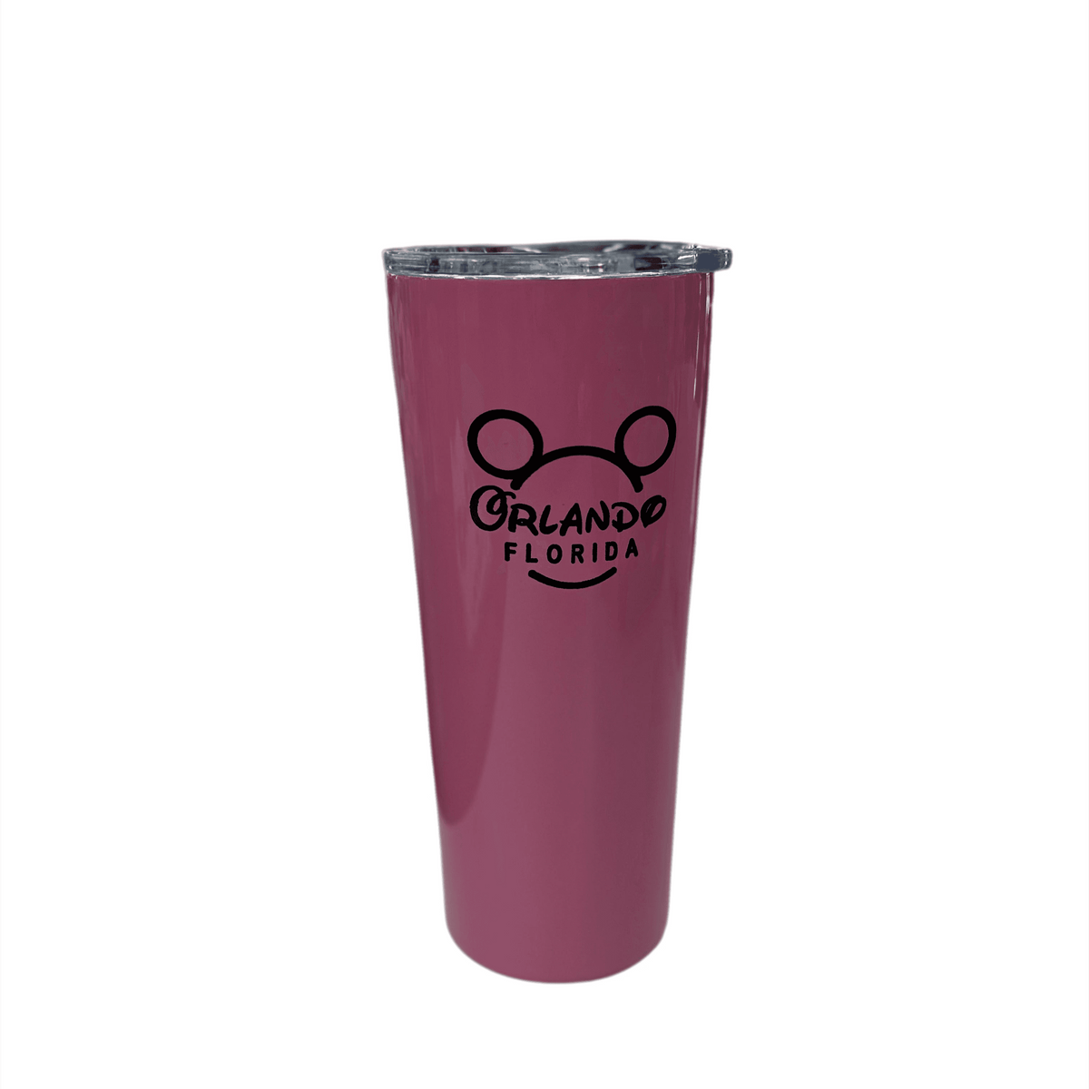 40 oz leak-proof travel tumbler in pink with handle and straw lid, featuring Orlando Florida Mickey Mouse design. Insulated for hot or cold drinks.
