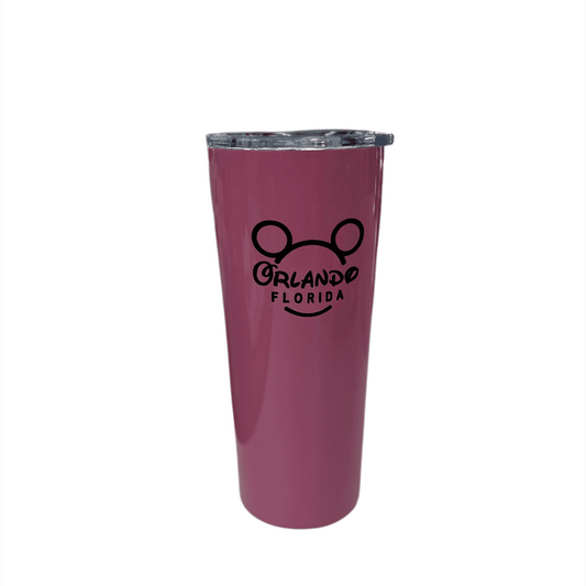 40 oz leak-proof travel tumbler in pink with handle and straw lid, featuring Orlando Florida Mickey Mouse design. Insulated for hot or cold drinks.